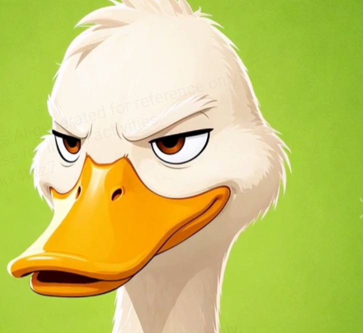 Serious duck mascot — back of the flip card