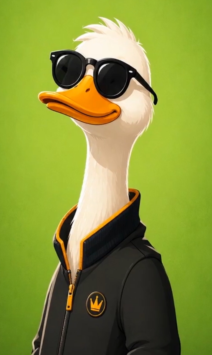 Duck Intel Academy mascot — a confident white duck in sunglasses and a black jacket