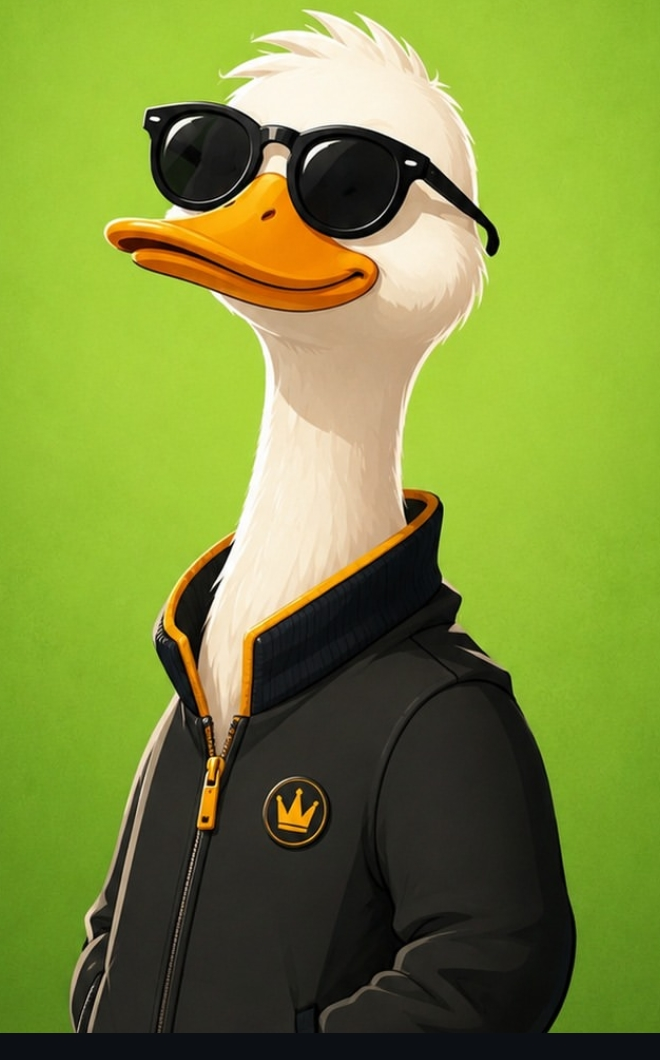 Profile view of the duck mascot in sunglasses